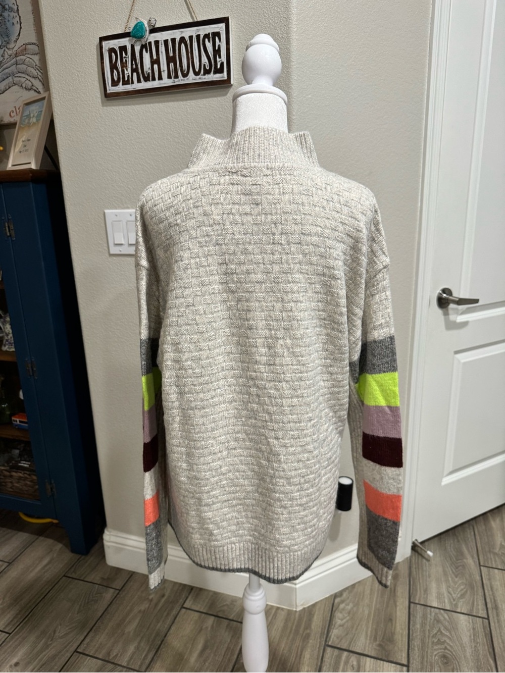 CAbi Light Gray Quarter Zip Sweater with Neon and Berry Sleeve Blocks - Picture 4 of 7